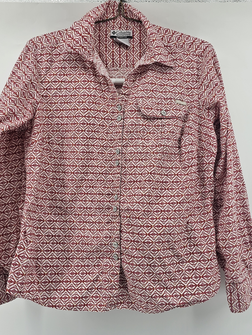 Columbia Red Geometric Print Long Sleeve Button Down Shirt Women’s Large